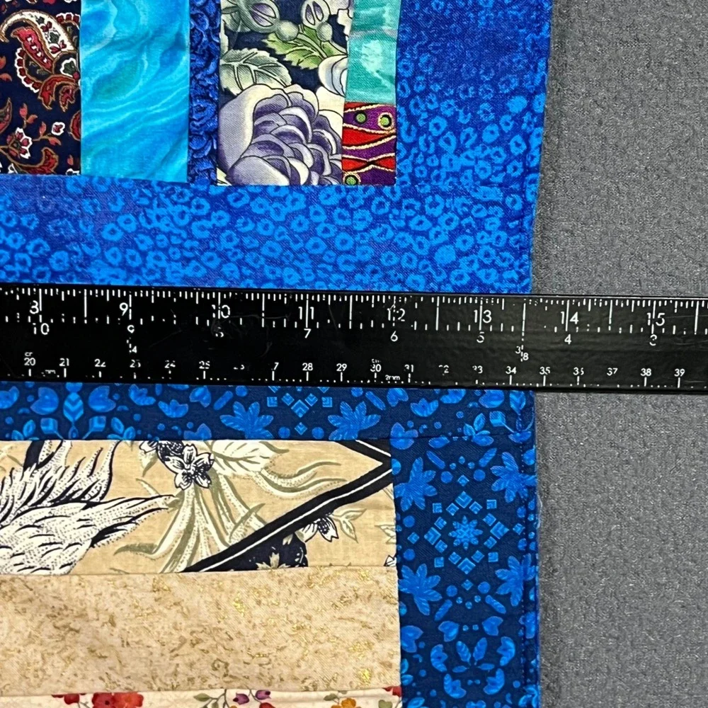 Handmade Quilted Table‎ Runner Wall Hanging Blue Colorful Patchwork Textile Art